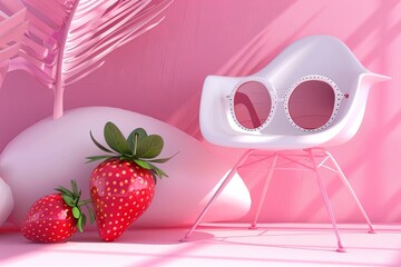 Wall Mural - Bright and playful 3D render of outdoor chair with strawberry and sunglasses on pink background