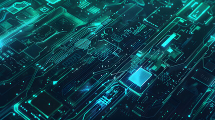 Poster - Abstract Circuit Board with Glowing Lines with Copy Space Text for Technology and Science Blogs