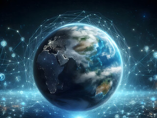 Poster - Blue and White Earth with Digital Network for Technology Blogs