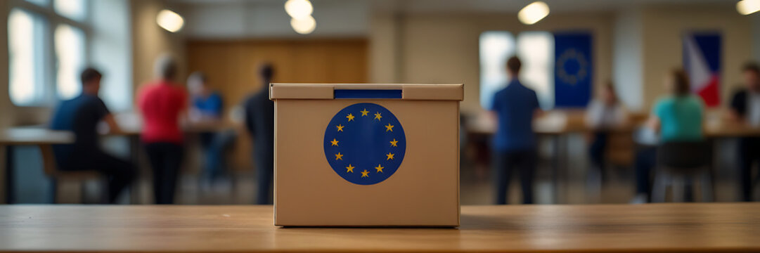 European Union election, a hand putting a ballot paper into a ballot box on a blue background with copy spac