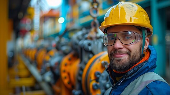 Smiling industrial engineer wearing safety helmet and glasses in a manufacturing plant with machinery in the background.