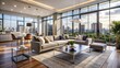 © DigitalArt Max - A beautifully staged modern open-plan living room with large windows, sleek furniture, and a mls listing sheet on a sleek coffee table.