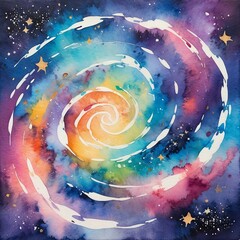 Wall Mural - Watercolor painting of a swirling, colorful galaxy.