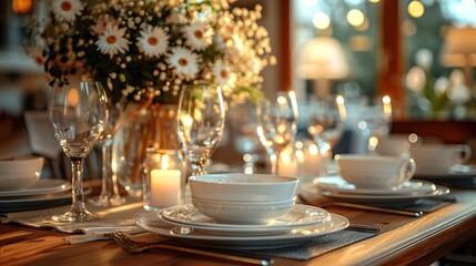 Wall Mural - Close-up of a dining room with a set table and elegant place settings.