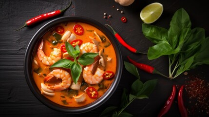 Canvas Print - A bowl of shrimp soup with a bunch of green herbs and spices