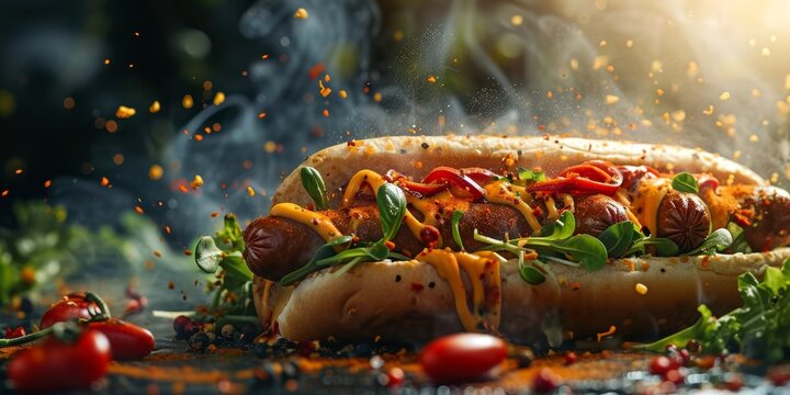 fresh hotdog or sausage sandwich with flying ingredients and spices hot ready to serve and eat food commercial advertisement menu banner with copy space, Generative AI 