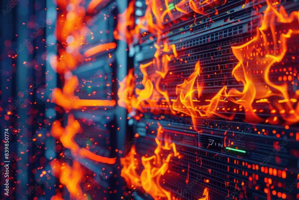 Visualize a 3D firewall with animated flames protecting a network ...