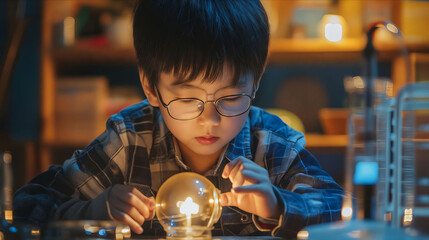 Wall Mural - A young boy is looking at a light bulb.