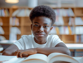 Poster - A young black girl is reading a book in a library.