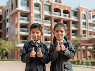 Poster - Two children in school uniforms giving thumbs up.