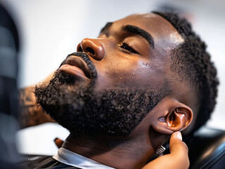 Wall Mural - A man getting his beard cut by a barber.