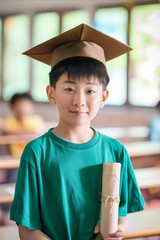 Poster - A boy in a green shirt and cap holding a diploma.
