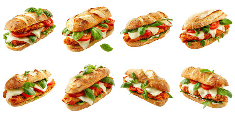 Wall Mural - Set of Chicken Parmesan Sandwich With Mozzarella isolated on transparent png background. Generative ai