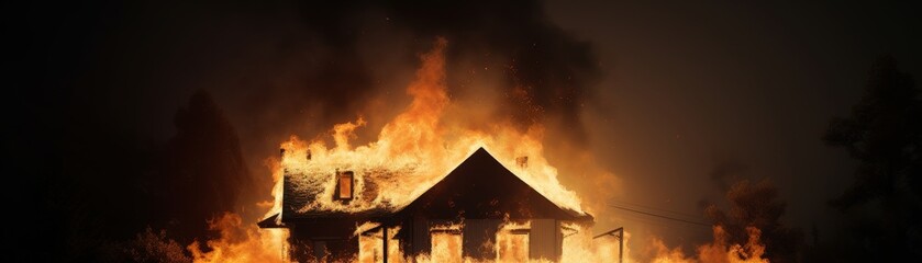 Wall Mural - A house is on fire with flames coming out of the roof. The fire is very large and is spreading quickly