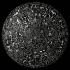 Canvas Print - a black & white circle of alien inscriptions telling a story, black background, wall texture