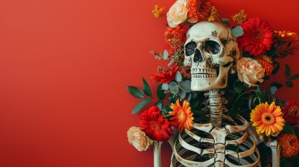 Wall Mural - A skeleton is surrounded by flowers and is placed on a red background. Concept of life and beauty, as the skeleton is adorned with flowers and placed in a colorful setting