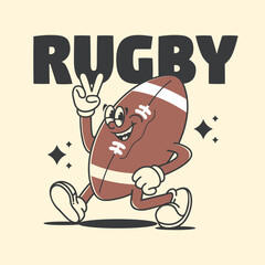 Poster - Funny cartoon character of rugby ball. Can be used as Sticker, posters, prints. Retro cartoon style. Vector illustration