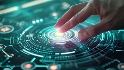 Poster - touching virtual screen theme top view emphasizing circular diagram technology scifi