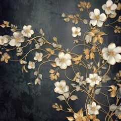 Wall Mural - delicate golden flowers intricately intertwined with graceful silver vines, set against a dark and mystical ink background