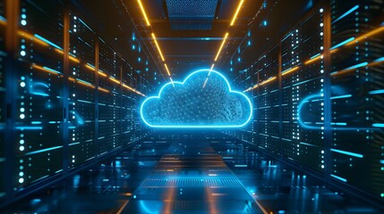 Poster - Futuristic Cloud Data Center with Illuminated Servers and Blue LED Lighting