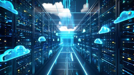 Aufkleber - illuminated cloud data center with futuristic server rows and blue lights