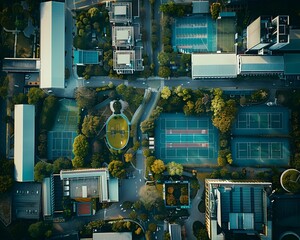 Poster - aerial perspective of a cutting edge cloud computing campus with interconnected data centers and con