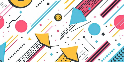 Poster - A white background with colorful geometric shapes and lines in the style of 80s culture, featuring bright teal color arrows pointing up and down, red circles,