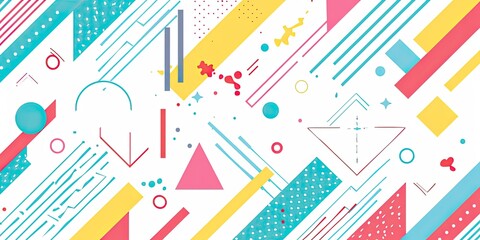 Poster - A white background with colorful geometric shapes and lines in the style of 80s culture, featuring bright teal color arrows pointing up and down, red circles,