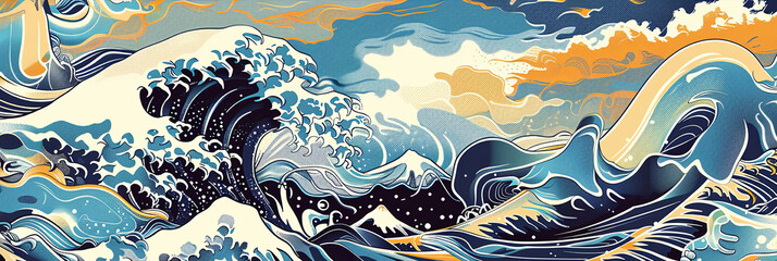 Wall Mural - abstract ocean waves in Japanese style, generative AI