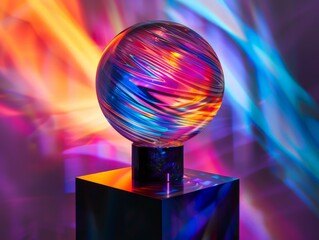 Poster - Colorful glass sphere on black pedestal