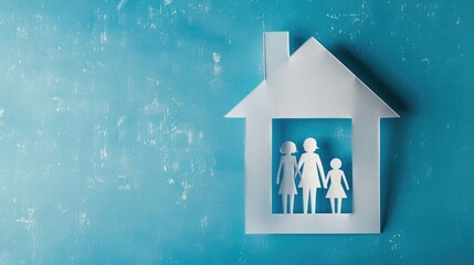 Wall Mural - Photo of a paper family cutout inside a house on a blue background, taken from a top view. Concept for a home architect or insurance company