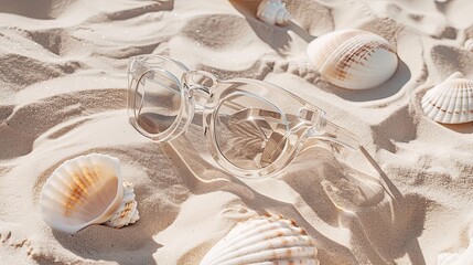 Wall Mural - Sleek and stylish minimalist display of transparent sunglasses and seashells on a sandy background, capturing the essence of summer