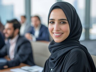 Canvas Print - smiling woman in hijab in business meeting