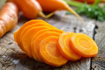 Wall Mural - Fresh sliced carrots on wooden background