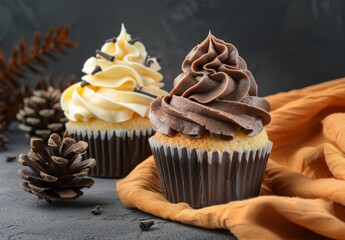 Wall Mural - Delicious chocolate and vanilla cupcakes with festive pine cones