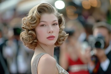 Canvas Print - Glamorous woman with curly blonde hair and red lips