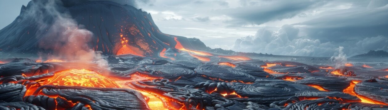 A volcano with lava spewing out of it. The volcano is surrounded by mountains and the sky is cloudy
