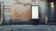 © sornram - Outdoor mockup of a blank information poster on patterned paving-stone an empty vertical street banner template in an alley billboard placeholder mock-up on a city boulevard in an