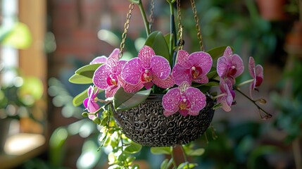 Wall Mural - A blooming orchid in a hanging planter.