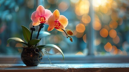 Wall Mural - A blooming orchid on a sunny windowsill.