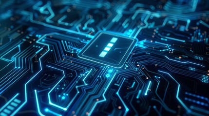 Aufkleber - Glowing light blue neon chip with thin circuit contact lines. Abstract digital tech background in monochrome blue. Semiconductor on a board