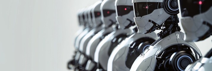 Poster - Line of robots with red LED eyes - A series of humanoid robots with glowing red LED eyes lined up, representing mass production or an army of machines