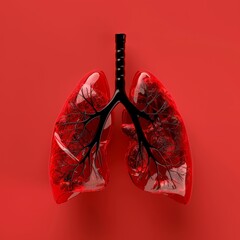 Wall Mural - A red lung with red veins and red branches. The lung is shown in a close up
