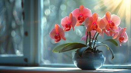 Wall Mural - A bright orchid on a sunny windowsill.