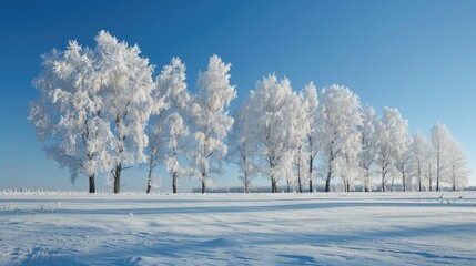 Canvas Print - Snowy scenery with trees and clear blue sky in the backdrop