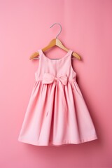 A pink dress with a bow is hanging on a hanger. The dress is a little girl's size and is pink in color