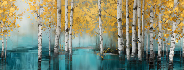 Oil painting pattern of a river and birch trees in the forest in gold and turquoise in a charming scene