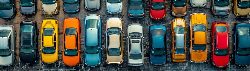 Wall Mural - A large parking lot with many cars of different colors. The cars are parked in rows and are all different sizes