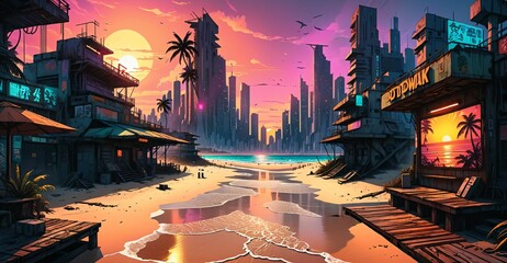 Wall Mural - sci-fi boardwalk beach ocean sunset. cyberpunk lo fi city buildings by sea pier with waves of water on island shoreline urban tropical cityscape summer.