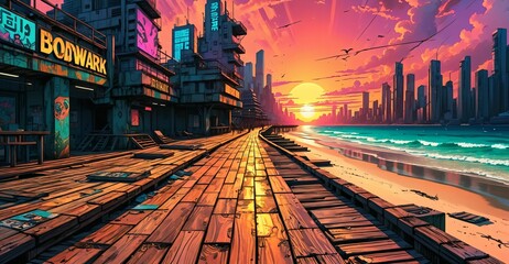 Canvas Print - sci-fi boardwalk beach ocean sunset. cyberpunk lo fi city buildings by sea pier with waves of water on island shoreline urban tropical cityscape summer.